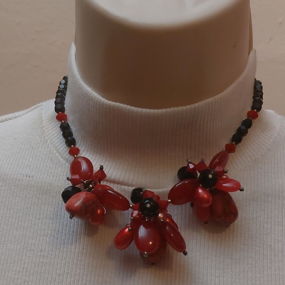Cluster Beads Sterling Necklace Carnelian Rhodonite Agate Freshwater Pearls